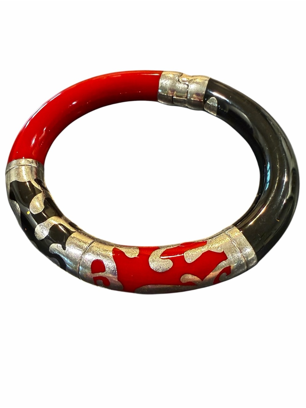 Signed Italian 925 Hinged Bangle Bracelet Red Black Enamel